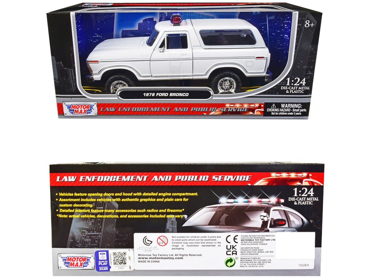 1978 Ford Bronco Police Car Unmarked White "Law Enforcement and Public Service" Series 1/24 Diecast Model Car by Motormax-2