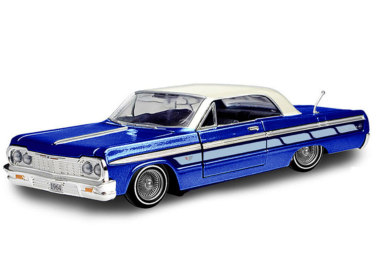 1964 Chevrolet Impala Lowrider Hard Top Candy Blue Metallic with Cream Top "Get Low" Series 1/24 Diecast Model Car by Motormax-0
