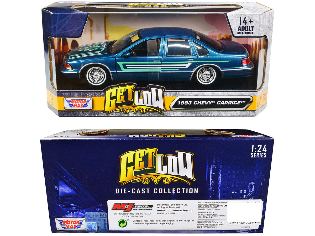 1993 Chevrolet Caprice Lowrider Blue Metallic with Graphics "Get Low" Series 1/24 Diecast Model Car by Motormax-1