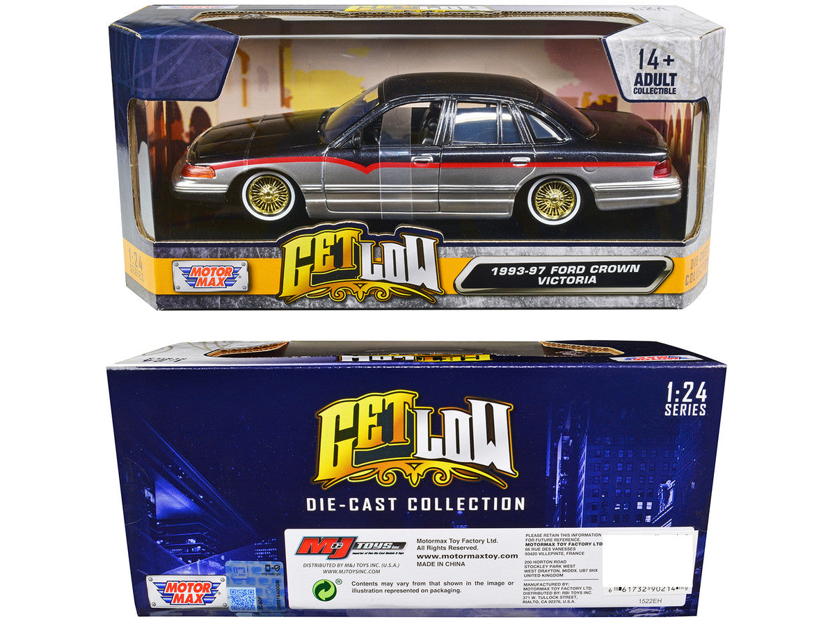 1993-1997 Ford Crown Victoria Lowrider Black Metallic and Silver with Red Stripes "Get Low" Series 1/24 Diecast Model Car by Motormax-2