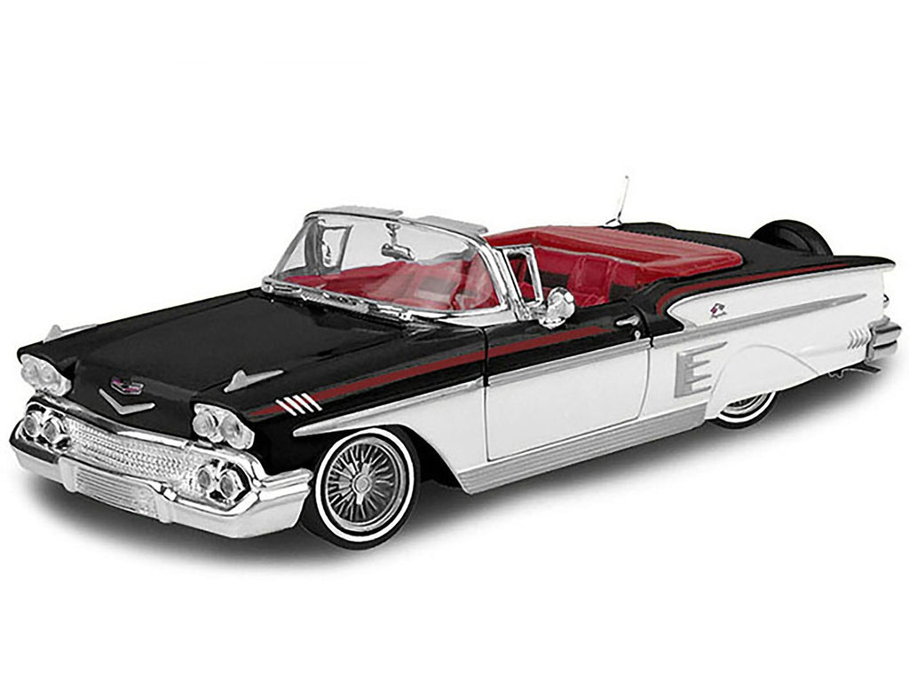 1958 Chevrolet Impala Convertible Lowrider Black and White with Red Interior "Get Low" Series 1/24 Diecast Model Car by Motormax-1