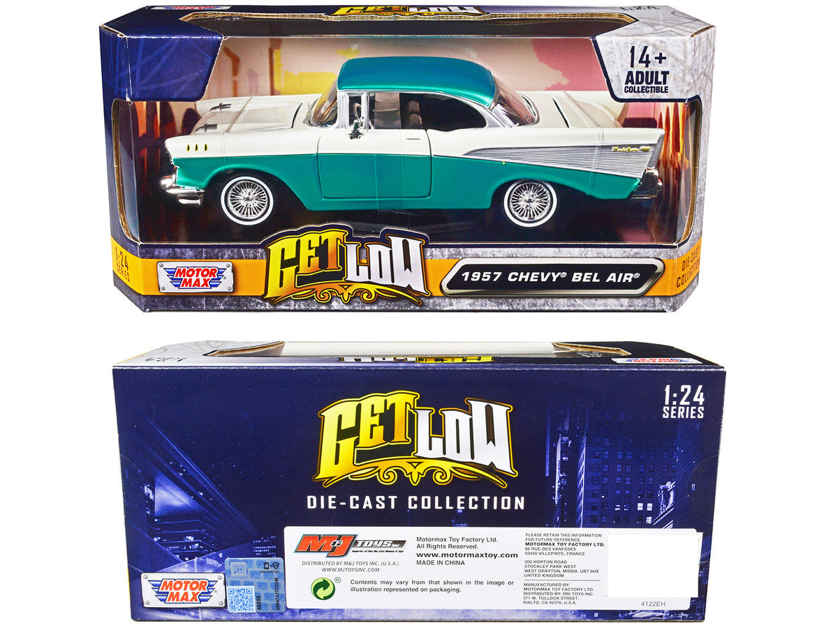 1957 Chevrolet Bel Air Lowrider Turquoise Metallic and White "Get Low" Series 1/24 Diecast Model Car by Motormax-0