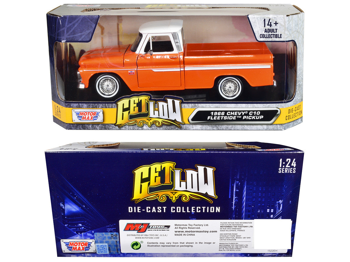 1966 Chevrolet C10 Fleetside Pickup Truck Lowrider Orange Metallic with White Top "Get Low" Series 1/24 Diecast Model Car by Motormax-2