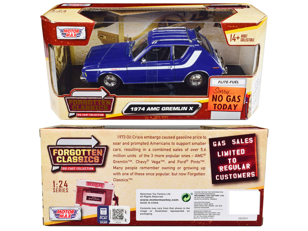 1974 AMC Gremlin X Blue with White Stripes and Roof Rack "Forgotten Classics" Series 1/24 Diecast Model Car by Motormax-0
