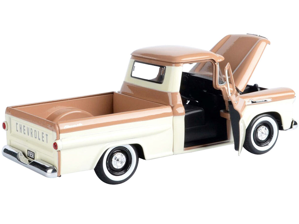 1958 Chevrolet Apache Fleetside Pickup Truck Brown and Beige 1/24 Diecast Model Car by Motormax-3