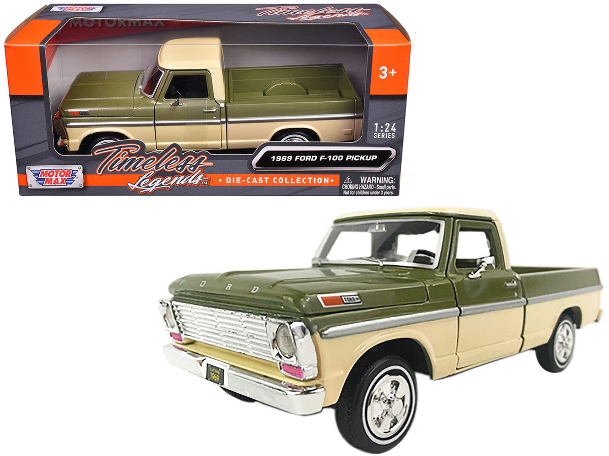 1969 Ford F-100 Pickup Truck Light Green and Cream 1/24 Diecast Model Car by Motormax-2