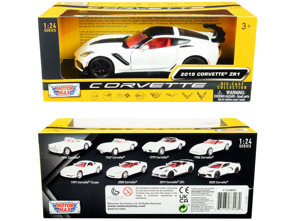 2019 Chevrolet Corvette C7 ZR1 White and Black with Red Interior "History of Corvette" Series 1/24 Diecast Model Car by Motormax-2