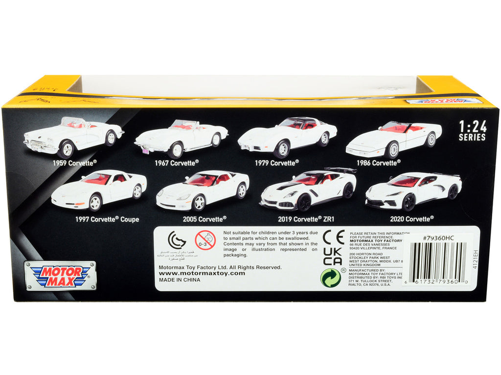 2020 Chevrolet Corvette C8 Stingray White with Red Interior "History of Corvette" Series 1/24 Diecast Model Car by Motormax-1