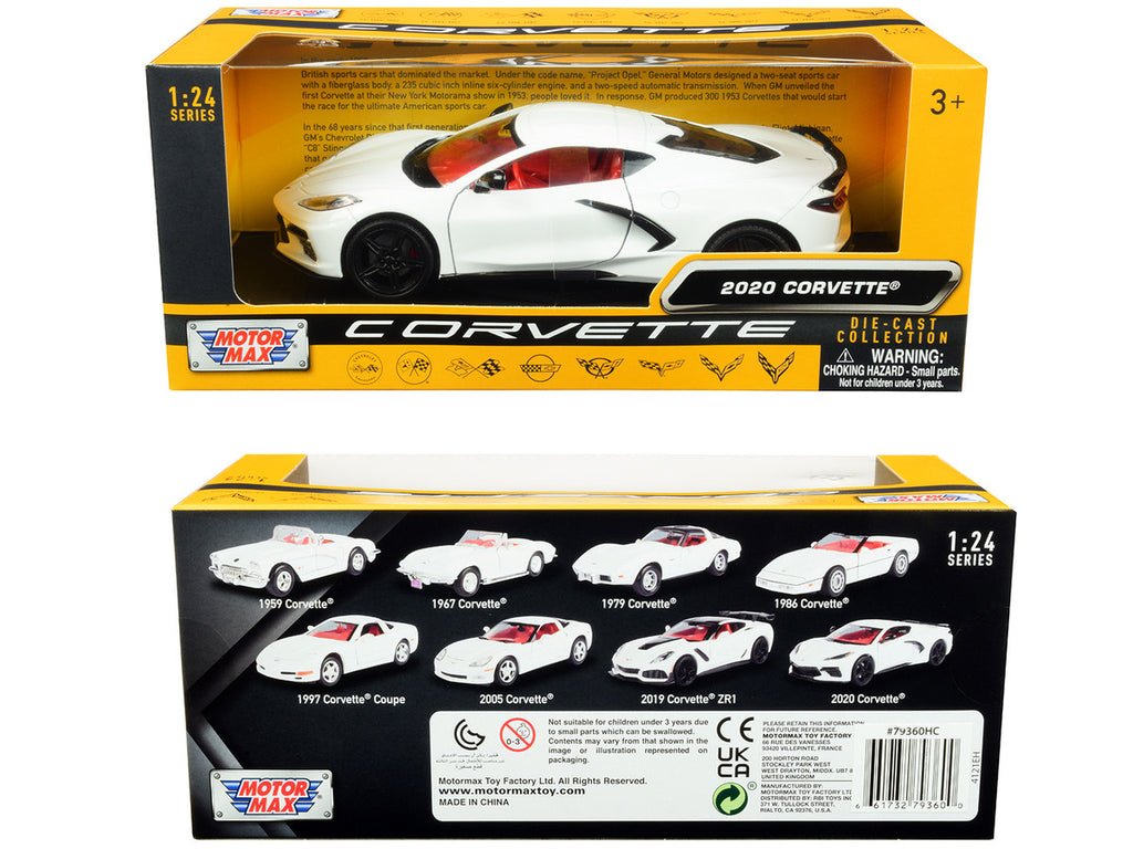 2020 Chevrolet Corvette C8 Stingray White with Red Interior "History of Corvette" Series 1/24 Diecast Model Car by Motormax-2