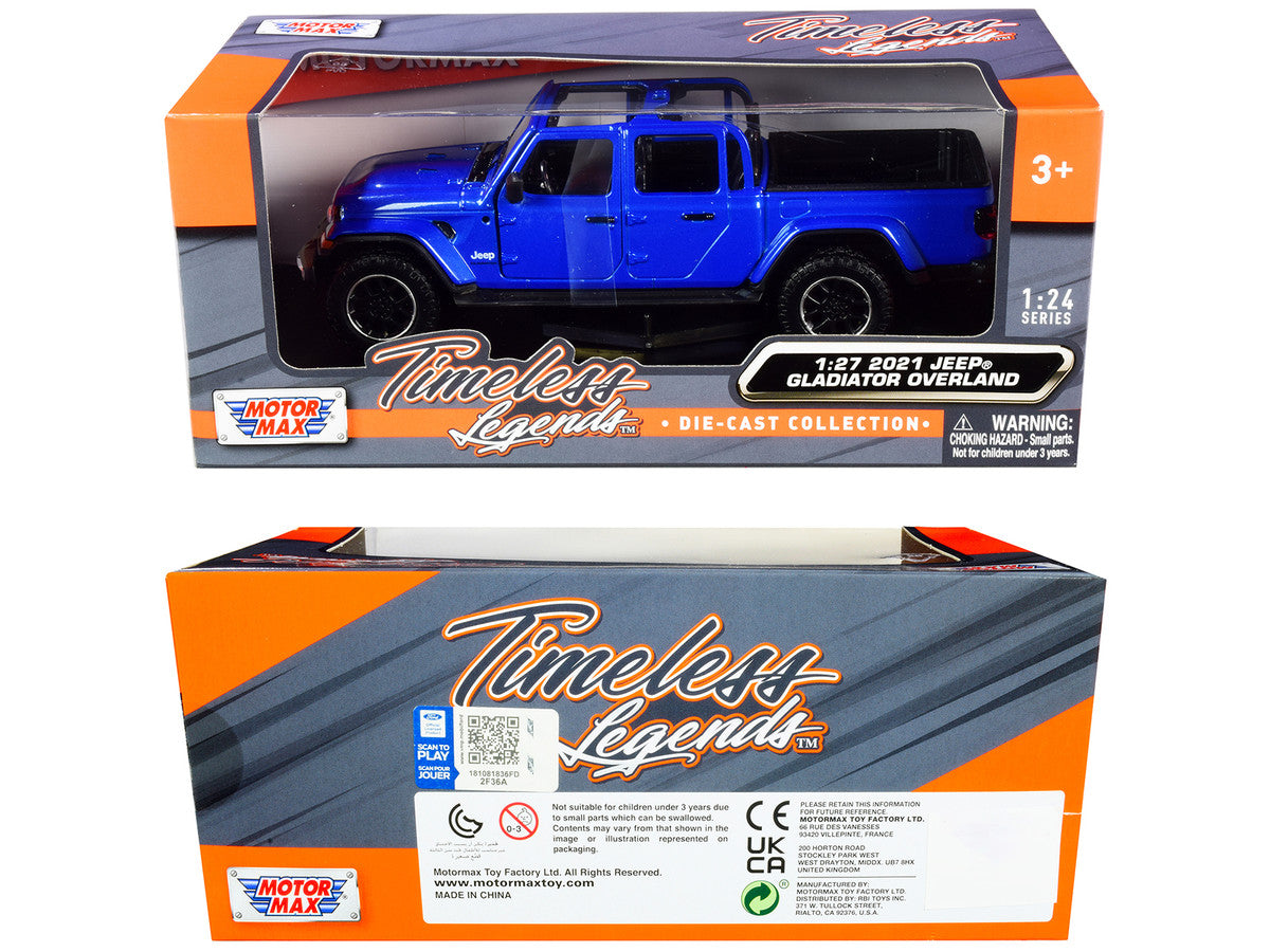 2021 Jeep Gladiator Overland (Open Top) Pickup Truck Blue Metallic 1/24-1/27 Diecast Model Car by Motormax-2