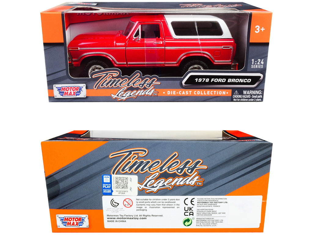 1978 Ford Bronco Custom Red and White "Timeless Legends" Series 1/24 Diecast Model Car by Motormax-1
