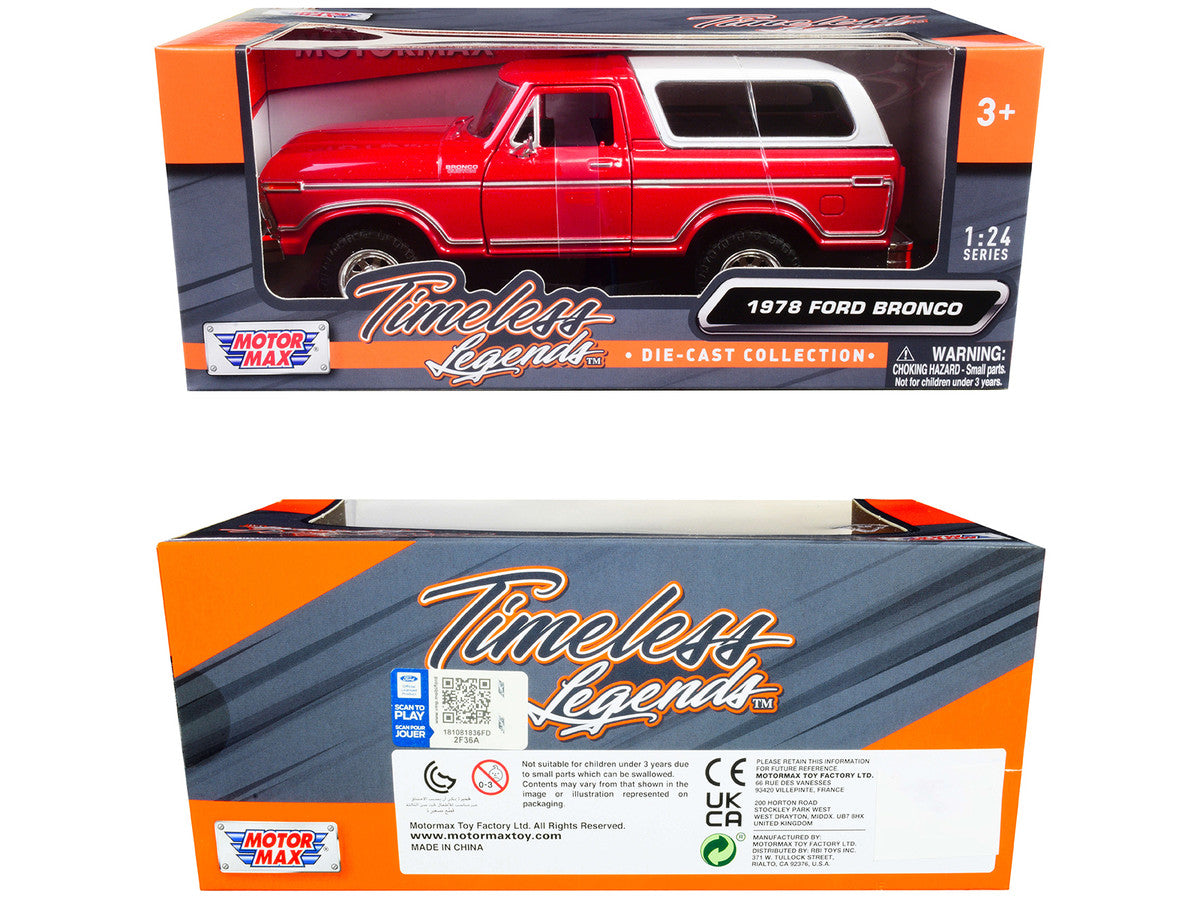 1978 Ford Bronco Custom Red and White "Timeless Legends" Series 1/24 Diecast Model Car by Motormax-1