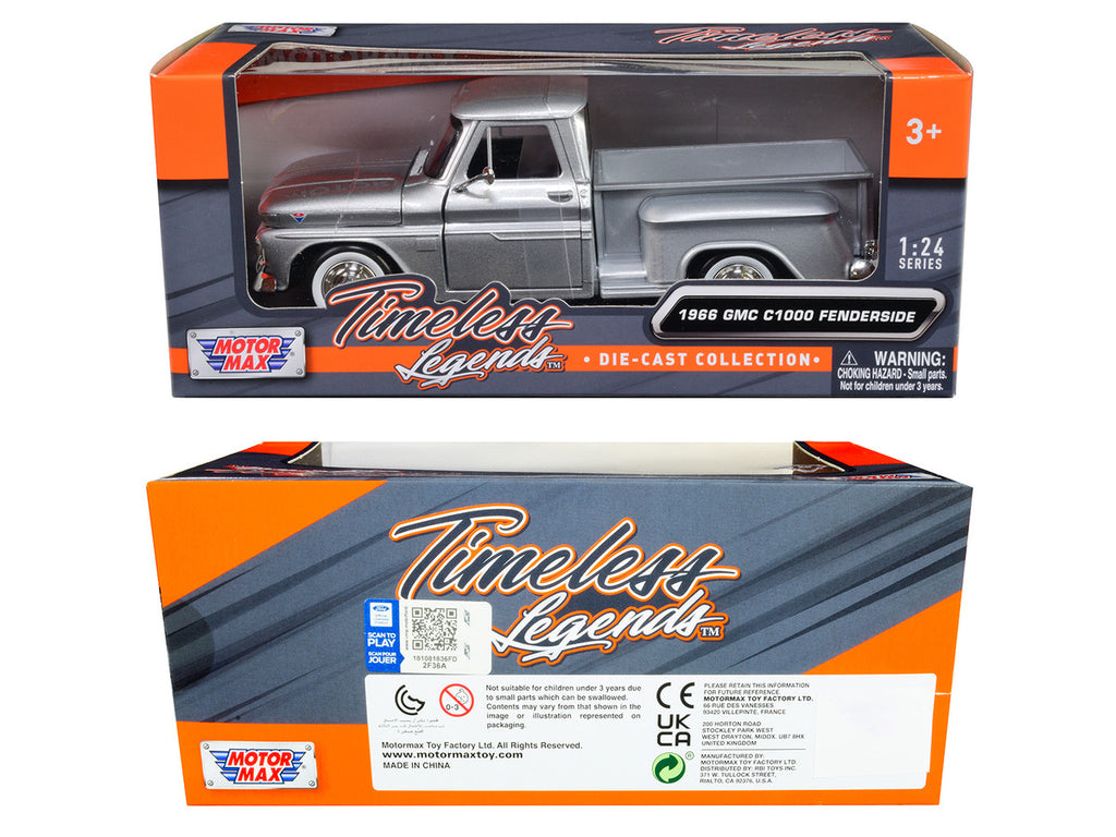 1966 GMC C1000 Fenderside Pickup Truck Silver Metallic "Timeless Legends" Series 1/24 Diecast Model Car by Motormax-2