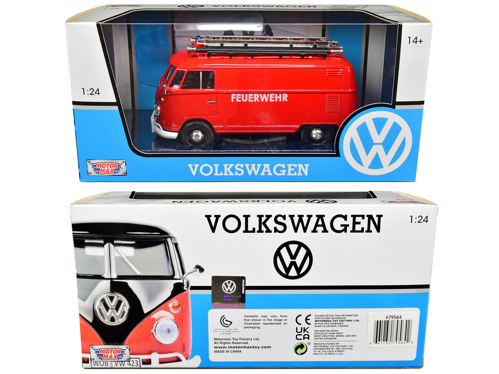 Volkswagen Type 2 (T1) Fire Van "Feuerwehr" Red 1/24 Diecast Model Car by Motormax-2