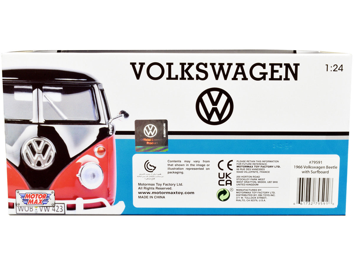 1966 Volkswagen Beetle Black with Wood Panels and Two Surfboards on Roof Rack 1/24 Diecast Model Car by Motormax-1