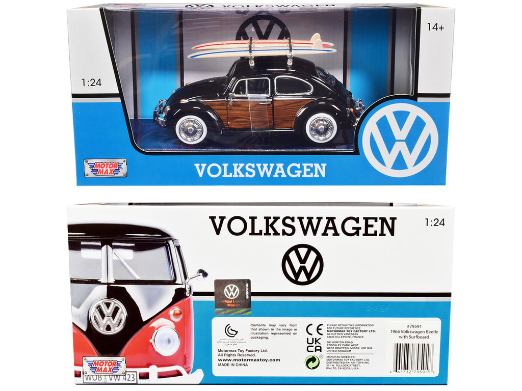1966 Volkswagen Beetle Black with Wood Panels and Two Surfboards on Roof Rack 1/24 Diecast Model Car by Motormax-2
