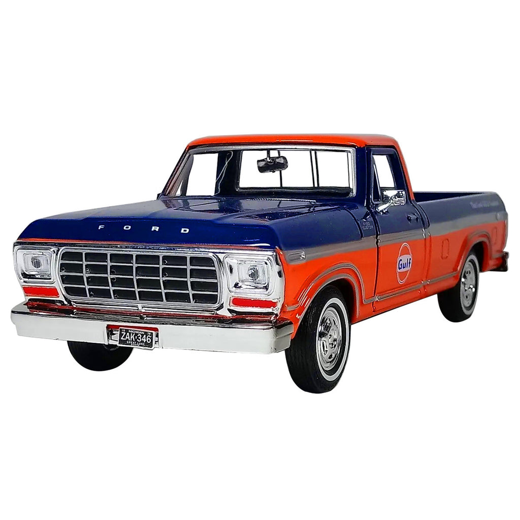 1979 Ford F-150 Custom Pickup Truck "Gulf" Dark Blue and Orange 1/24 Diecast Model Car by Motormax-1