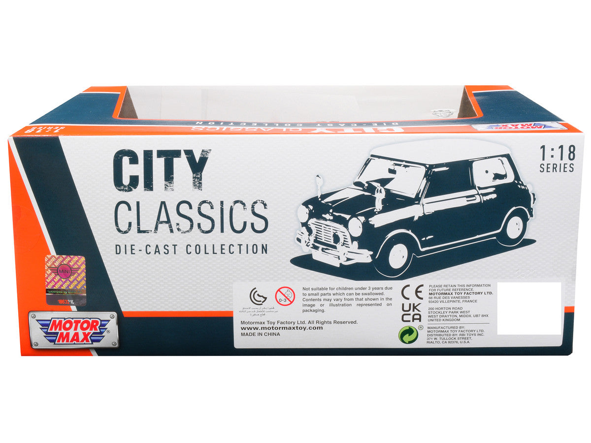 1961-1967 Morris Mini Cooper RHD (Right Hand Drive) Dark Blue with British Flag on the Top and Roof Rack "City Classics" Series 1/18 Diecast Model Car by Motormax-1