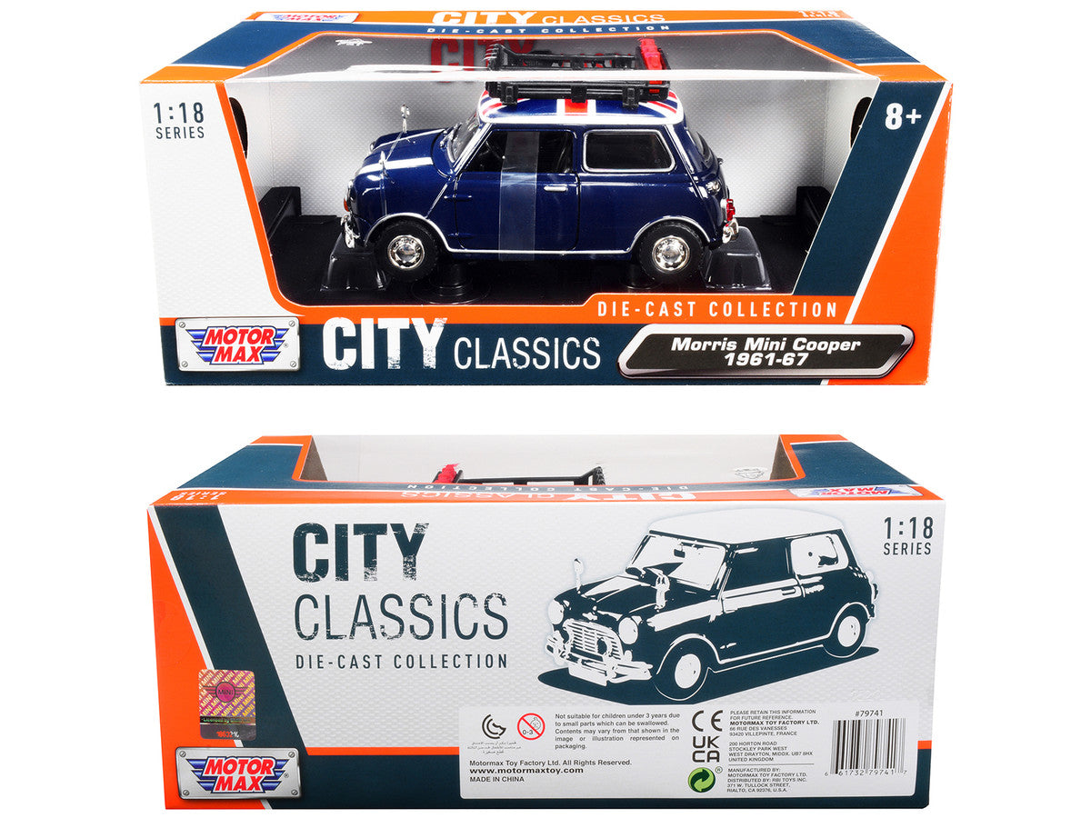 1961-1967 Morris Mini Cooper RHD (Right Hand Drive) Dark Blue with British Flag on the Top and Roof Rack "City Classics" Series 1/18 Diecast Model Car by Motormax-0