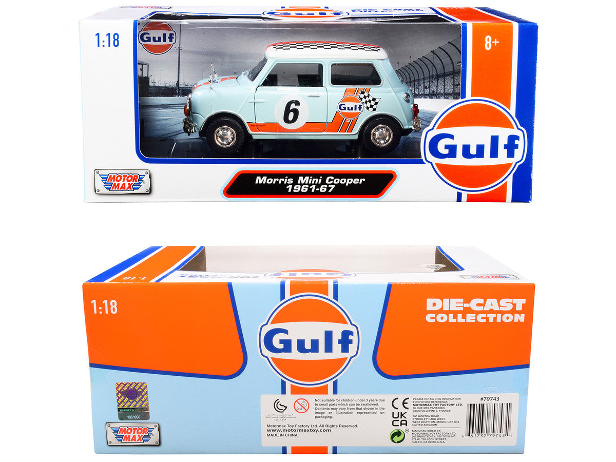 1961-1967 Morris Mini Cooper RHD (Right Hand Drive) #6 "Gulf Oil" Light Blue with Orange Stripes and Checkered Top "City Classics" Series 1/18 Diecast Model Car by Motormax-2