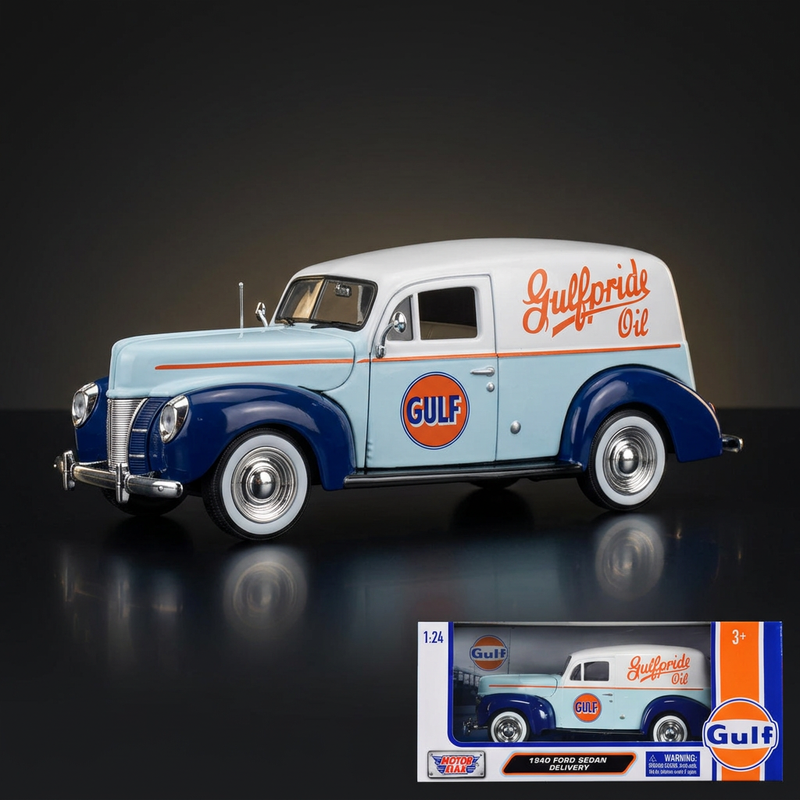 Motormax 1:24 1940 Ford Sedan Delivery Light Blue and White "Gulf Oil-Gulfpride"