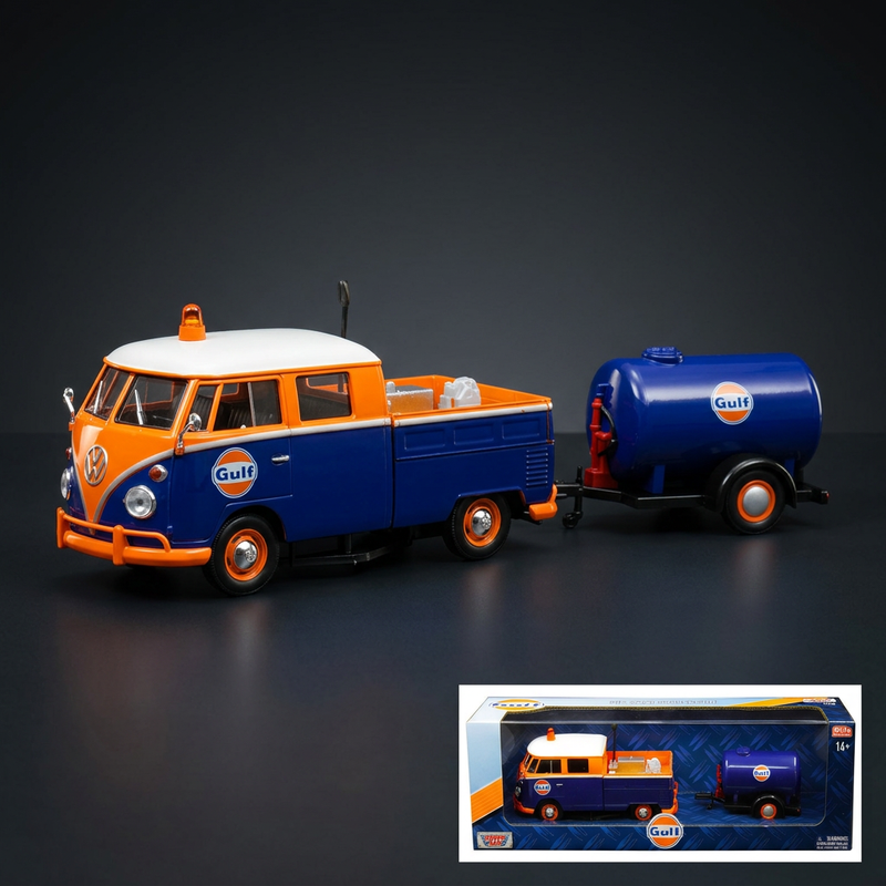 Motormax 1:24 Volkswagen Service Pickup with Plastic Oil Tank Gulf Oil