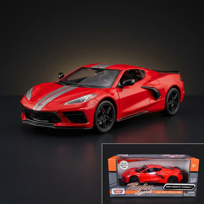 Motormax 1:24 2020 Chevrolet Corvette C8 Stingray Red with Silver Racing Stripes