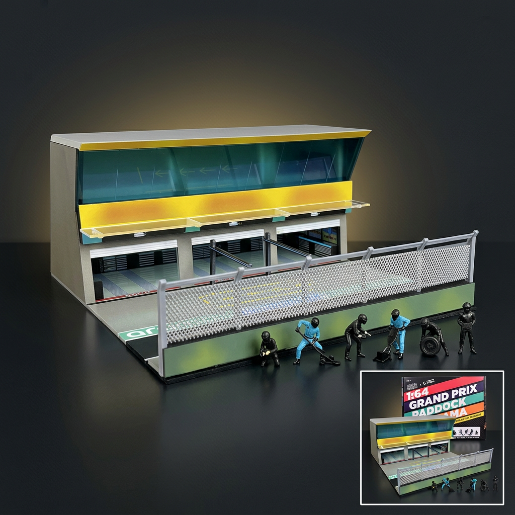 American Diorama 1:64 Grand Prix Paddock – Team Black, LED & 6 Figures