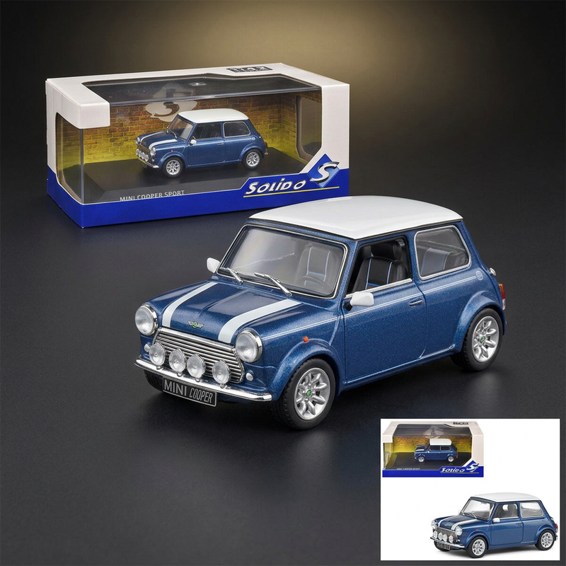 1994 Mini Cooper Sport Tahiti Blue Metallic with White Top and Stripes 1/43 Diecast Model Car by Solido