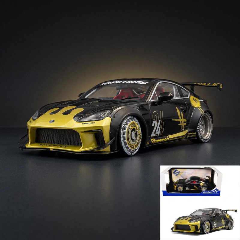 2024 Toyota GR86 Liberty Walk Body Kit RHD (Right Hand Drive) #24 Black with Gold Graphics 1/18 Diecast Model Car by Solido