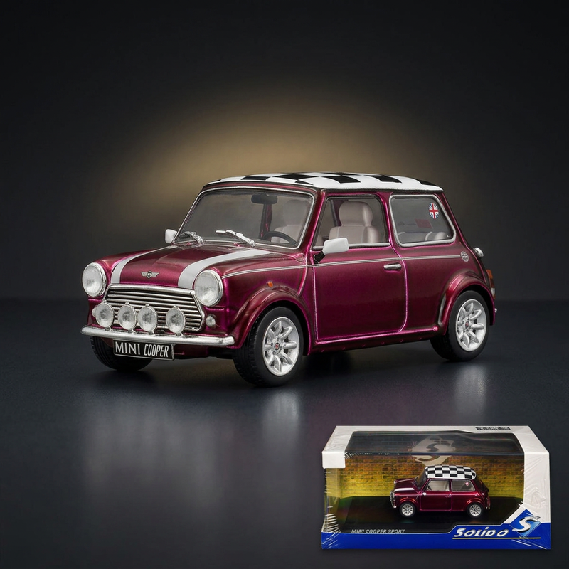 Solido 1:43 1997 Mini Cooper Sport Purple Metallic with White Stripes and Checkered Top
