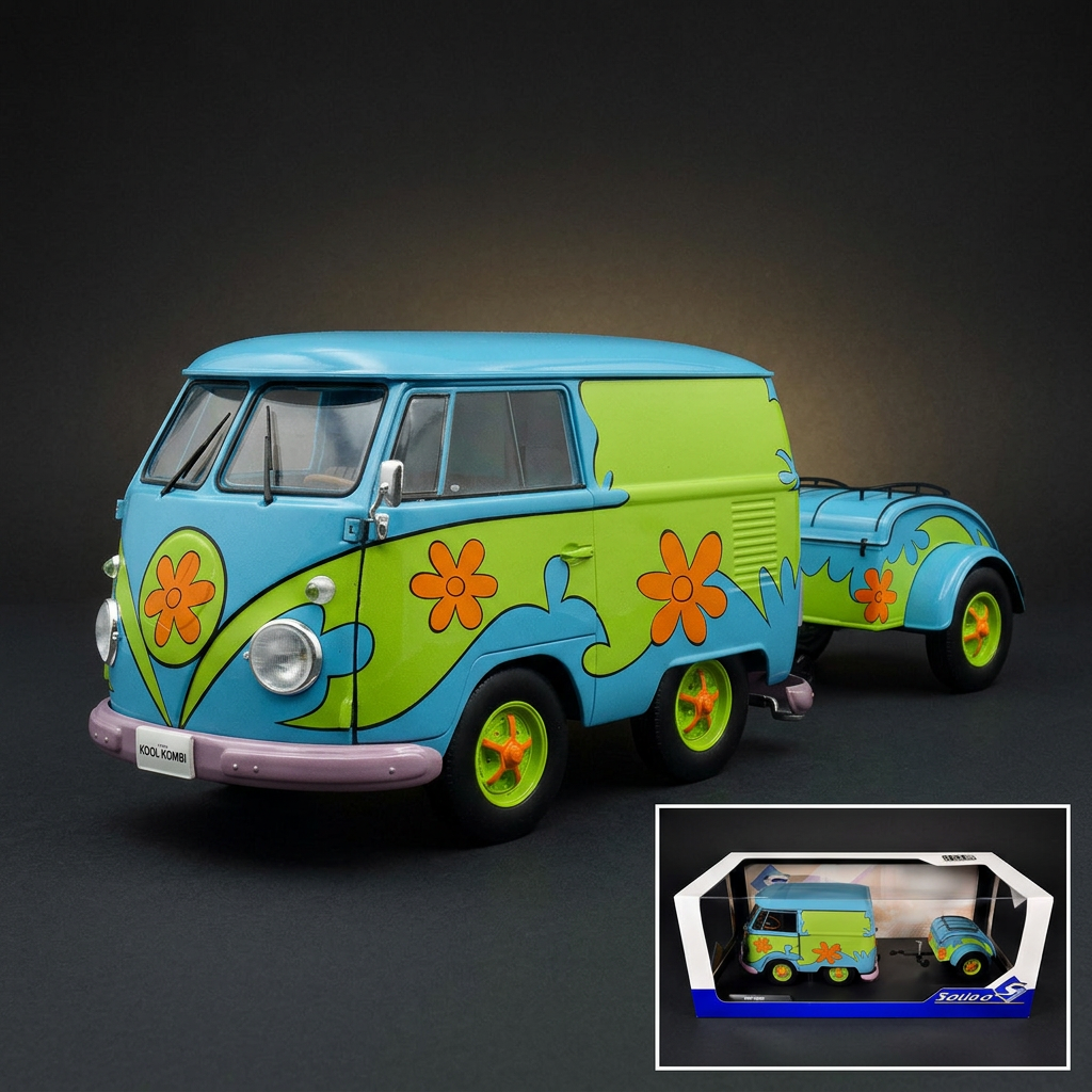 2024 Volkswagen Kool Kombi Van with Trailer "Ghost Hunter" Blue and Green with Graphics 1/18 Diecast Model Car by Solido