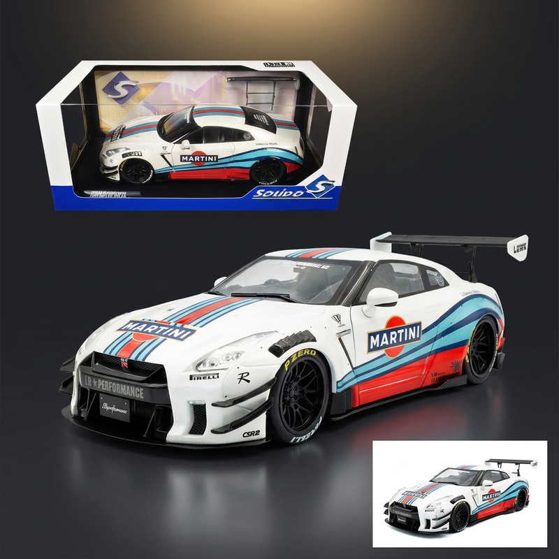 2024 Nissan GT-R (R35) RHD (Right Hand Drive) with Liberty Walk 2.0 Body Kit "Martini Racing" White with Stripes 1/18 Diecast Model Car by Solido