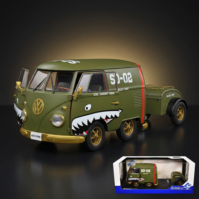 Solido 1:18 1950 Volkswagen Kool Kombi Van with Trailer Army Fighter Green