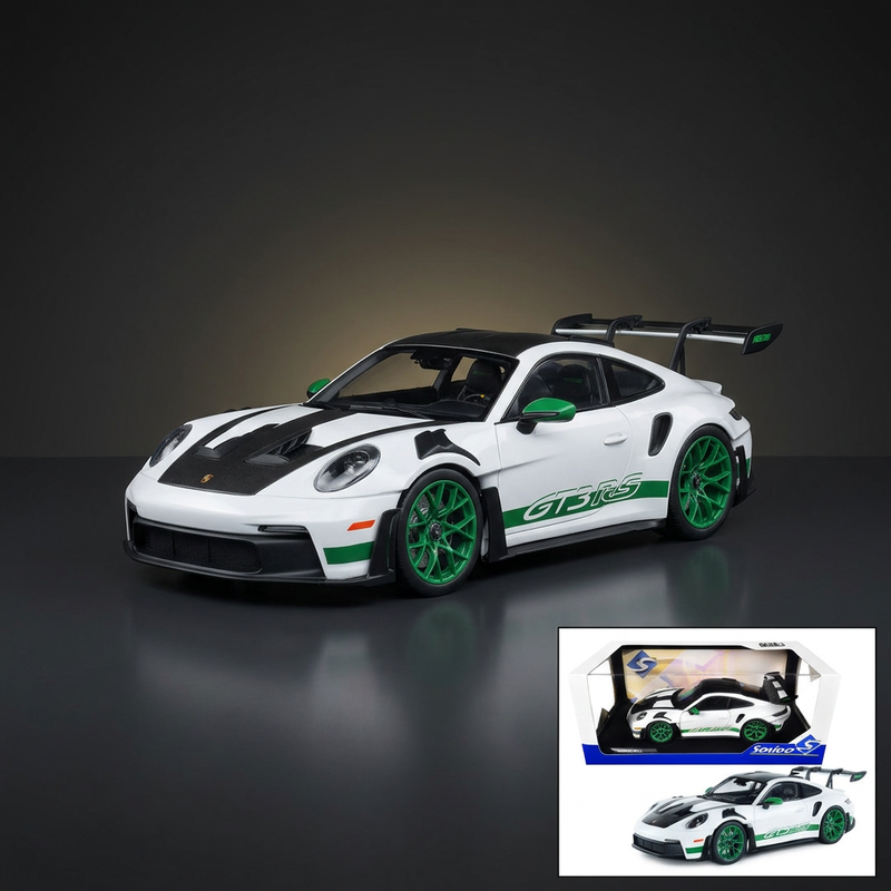 2024 Porsche 911 GT3 RS "Tribute to Carrera RS Package" White with Carbon Hood Stripes and Top and Green Side Stripes and Wheels 1/18 Diecast Model Car by Solido