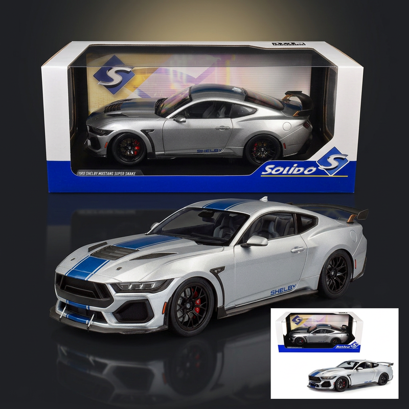 2024 Ford Shelby Mustang Super Snake Gray Metallic with Blue Stripes 1/18 Diecast Model Car by Solido