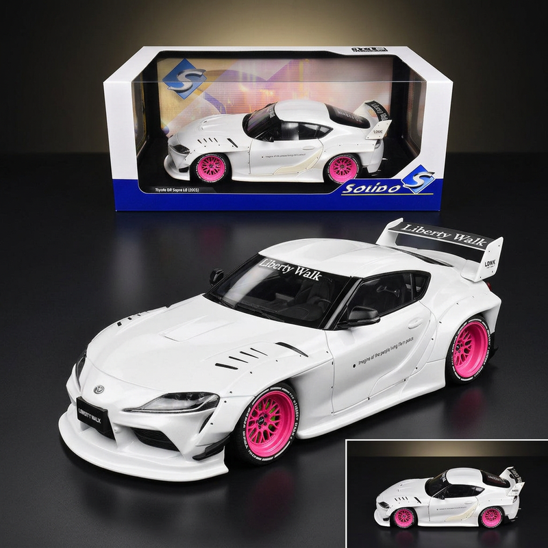 2025 Toyota GR Supra "Liberty Walk" Body Kit White Metallic with Pink Wheels 1/18 Diecast Model Car by Solido