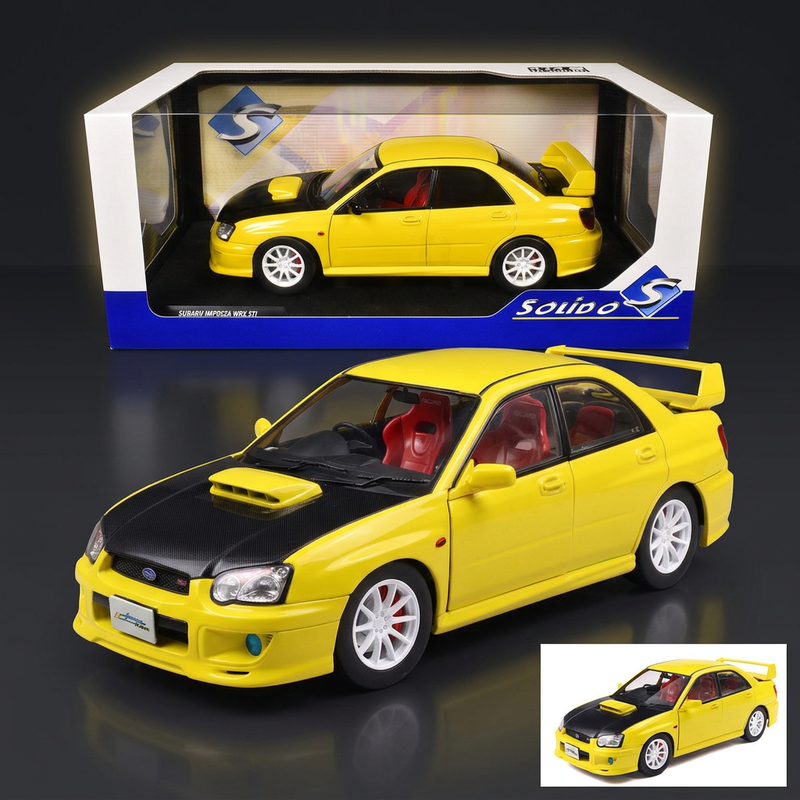2003 Subaru Impreza WRX STI RHD (Right Hand Drive) Yellow with Carbon Hood 1/18 Diecast Model Car by Solido
