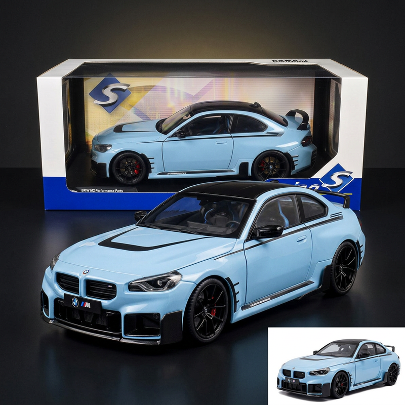 2024 BMW M2 Performance Parts Zandvoort Blue with Carbon Top and Black Stripes 1/18 Diecast Model Car by Solido