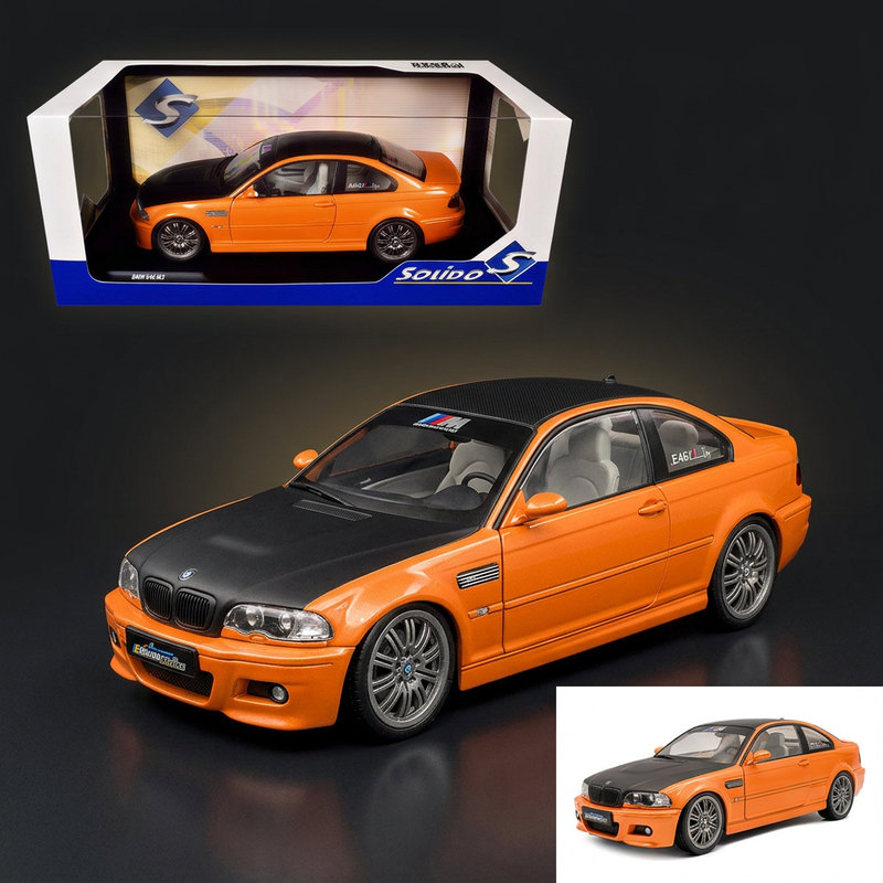 Solido 1:18 2000 BMW E46 M3 Solido Works Orange Metallic with Matt Black Hood and Carbon Top