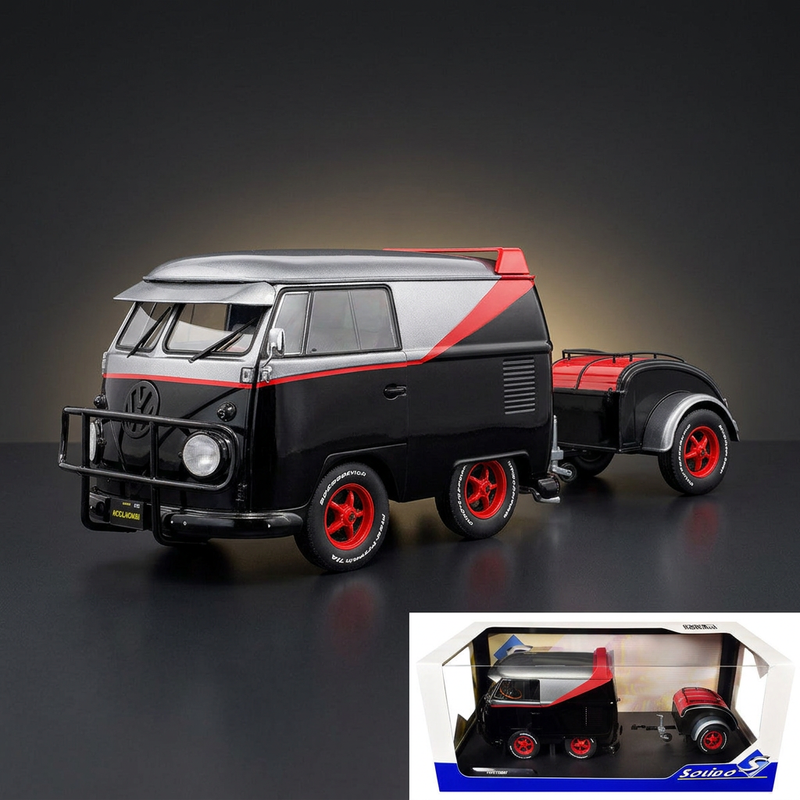Solido 1:18 2024 Volkswagen Kool Kombi Sport Van with Trailer Black and Silver with Red Stripe