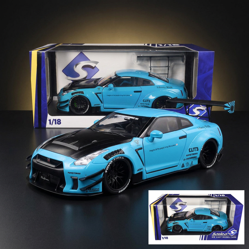 2023 Nissan GT-R (R35) Liberty Walk Body Kit 2.0 RHD (Right Hand Drive) Baby Blue with Carbon Hood 1/18 Diecast Model Car by Solido