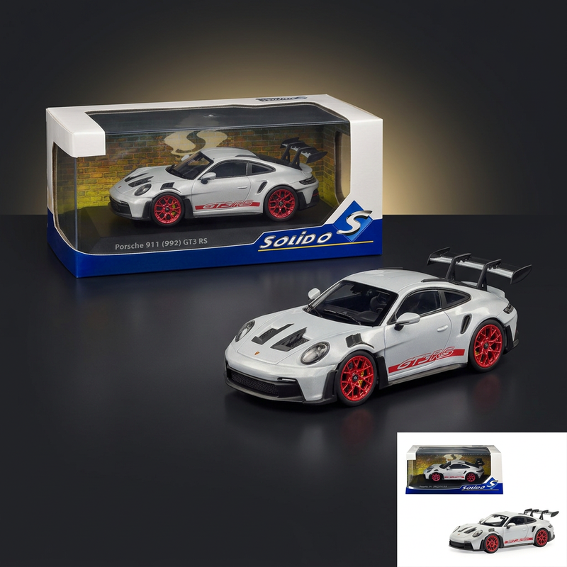 2023 Porsche 911 (992) GT3 RS Ice Gray Metallic with Pyro Red Stripes 1/43 Diecast Model Car by Solido