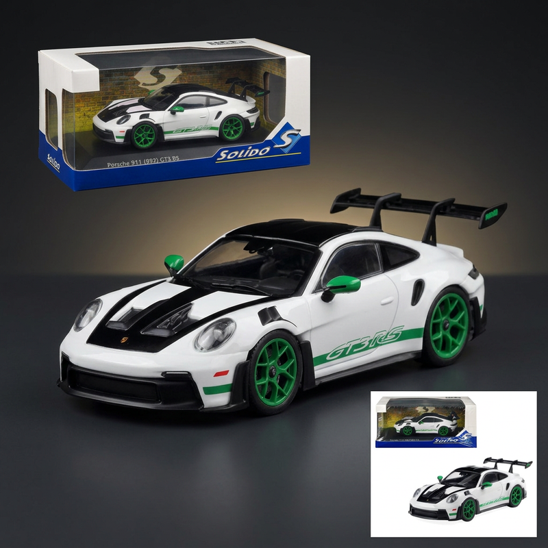 2023 Porsche 911 (992) GT3 RS "Tribute to Carrera RS Package" White with Green Stripes and Black Hood and Top 1/43 Diecast Model Car by Solido