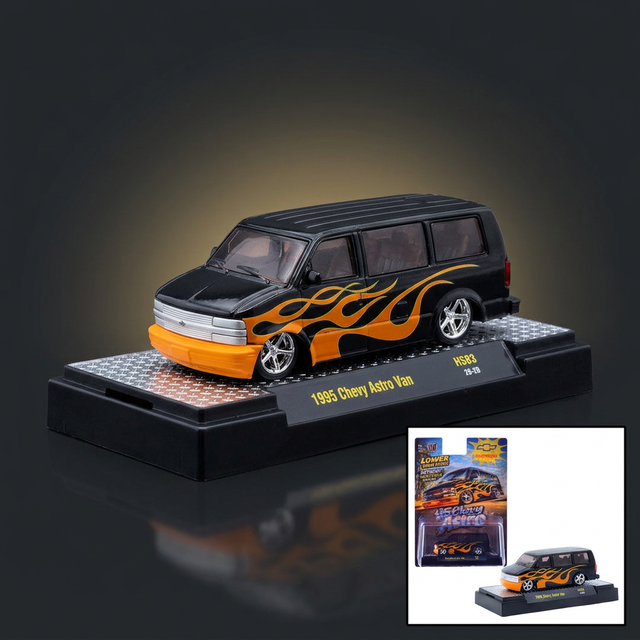 M2 Machines 1:64 1995 Chevrolet Astro Van Black with Orange Flames