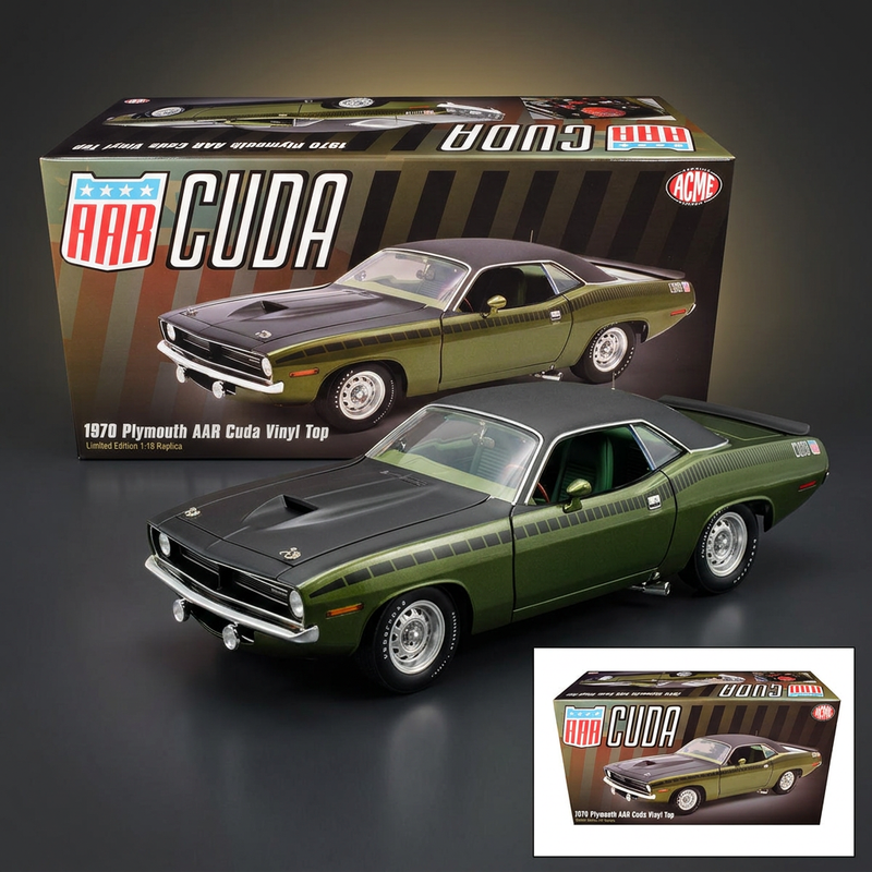 ACME 1:18 1970 Plymouth AAR Cuda – Ivy Green, Black Vinyl Top