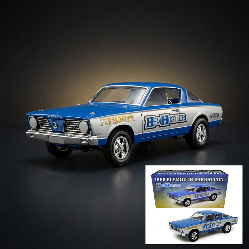 ACME 1:18 1966 Plymouth Barracuda Hemi Hustler Blue with White Stripes