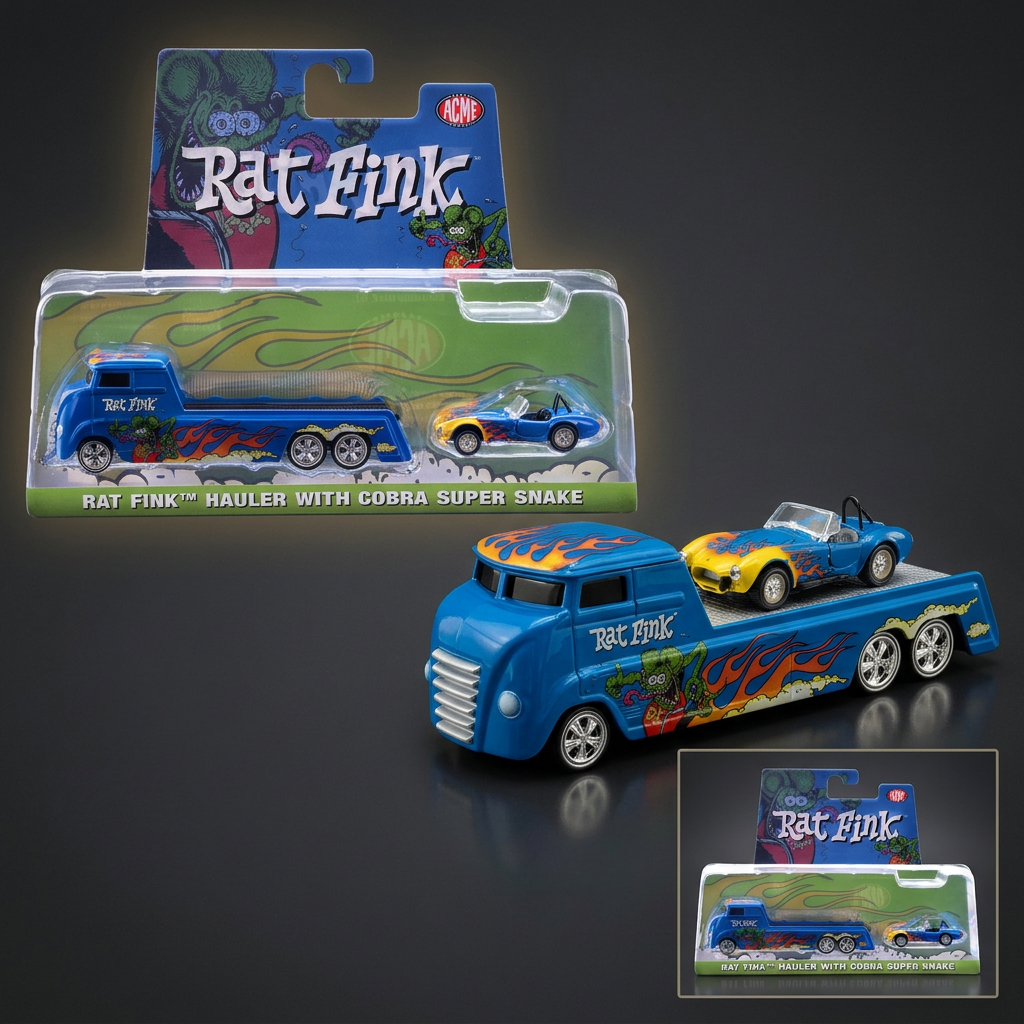 ACME 1:64 Shelby Cobra Super Snake & Rat Fink Hauler – Blue Flames