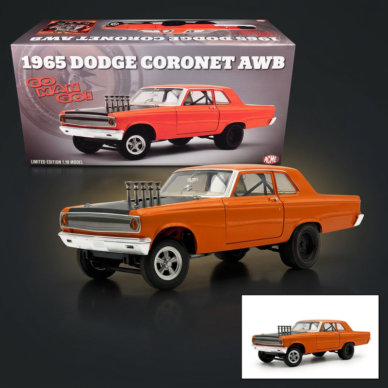 ACME 1:18 1965 Dodge Coronet AWB Go Man Go Go Mango Orange with Black Hood
