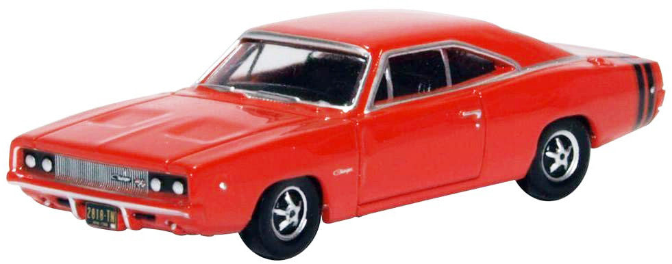 1968 Dodge Charger Bright Red with Black Stripes 1/87 (HO) Scale Diecast Model Car by Oxford Diecast-1